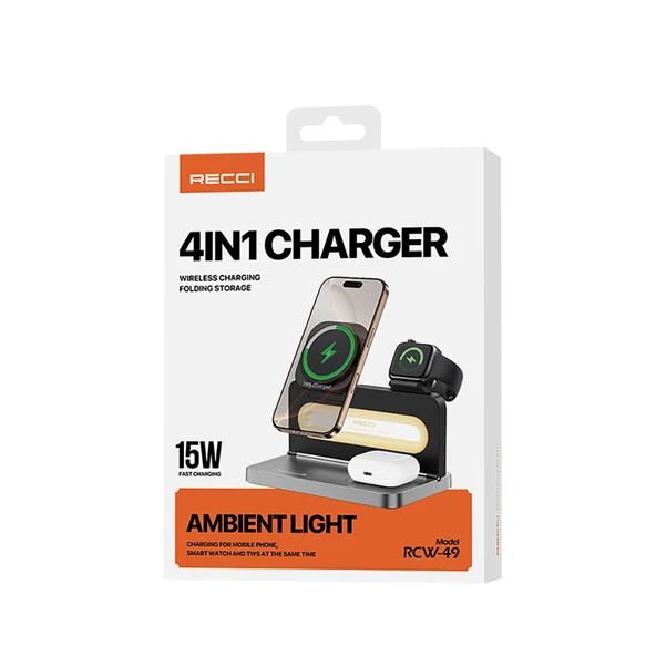 Recci RCW-49 Ambiyans Işıklı Telefon&Akıllı Saat&Kulaklık 15W 4in1 Kablosuz Şarj Standı - 12