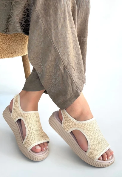 Wayi Bej Hasır Cilt Sandalet - Resim 9