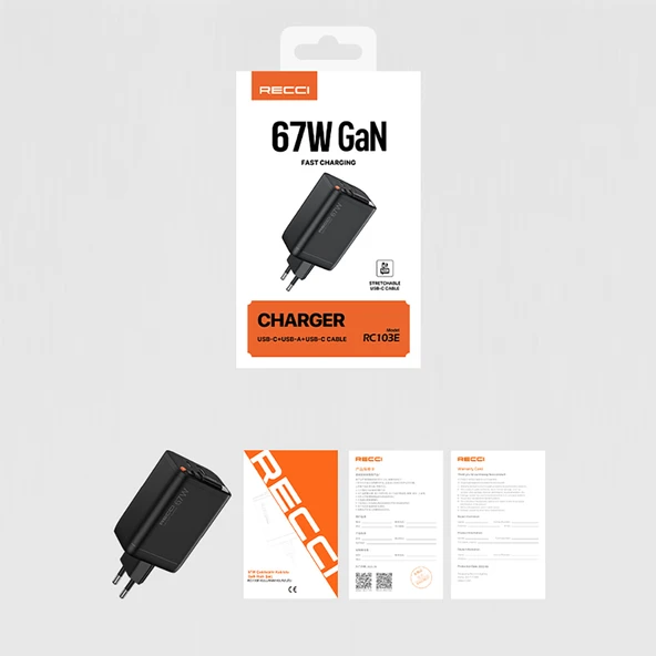 Recci RC103E GaN Teknolojili Hızlı Şarj Başlığı USB-A to Type-C PD 67W Type-C Kablolu Şarj Seti - 11