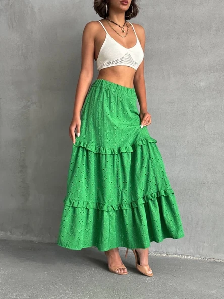 Fırfırlı brodeli astarlı uzun etek yeşil s255047 ürün görseli