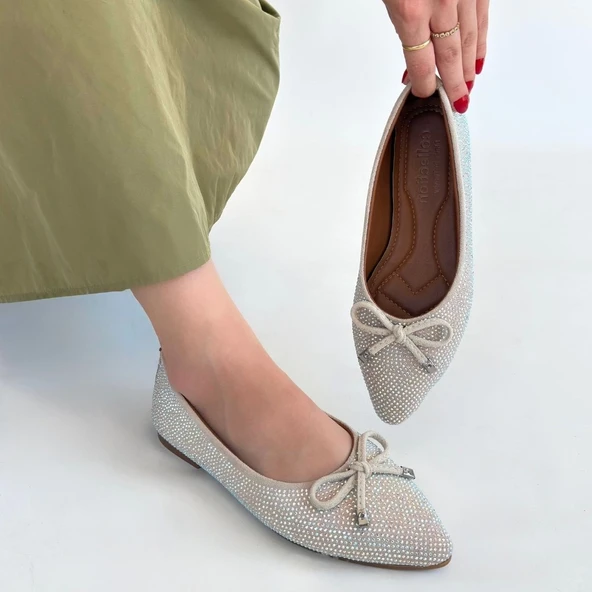 Sarra Bej Saten İşlemeli Babet Ayakkabı - Resim 8