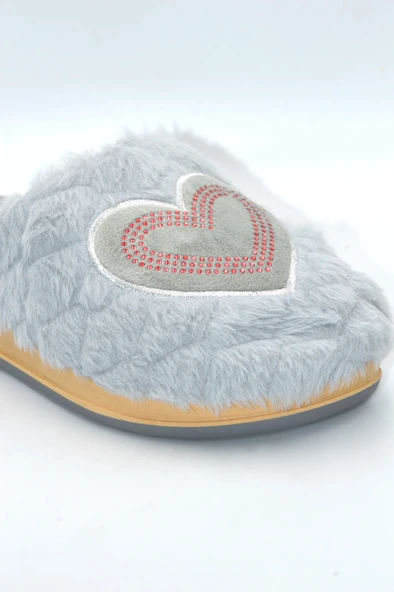 Kadın Gri Kalpli Kışlık Ev Terliği - 3