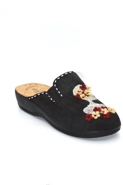 Kadın Siyah Çiçekli Kışlık Ev Terliği - 2