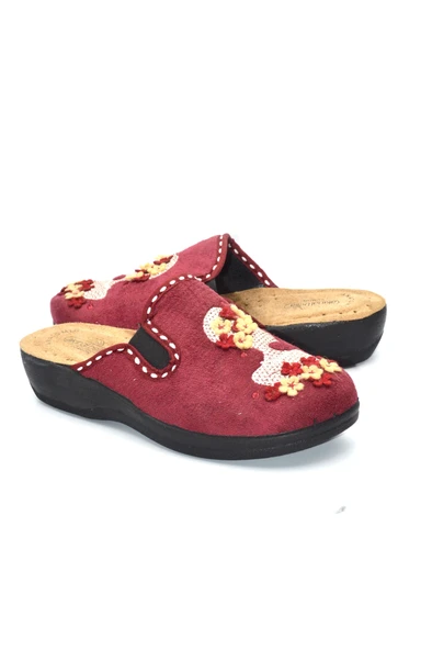 Kadın Bordo Çiçekli Kışlık Ev Terliği - 8