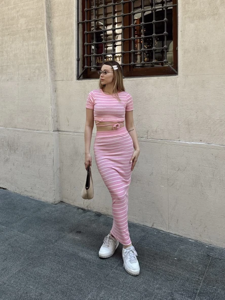 Çizgili etekli takım pembe s3609 - Resim 5
