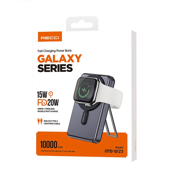 Recci RPB-W23 PD 20W Led Göstergeli Standlı Kablosuz Şarj Özellikli Type-C ve Lightning Kablolu Powerbank 15W 10000mAh - 7