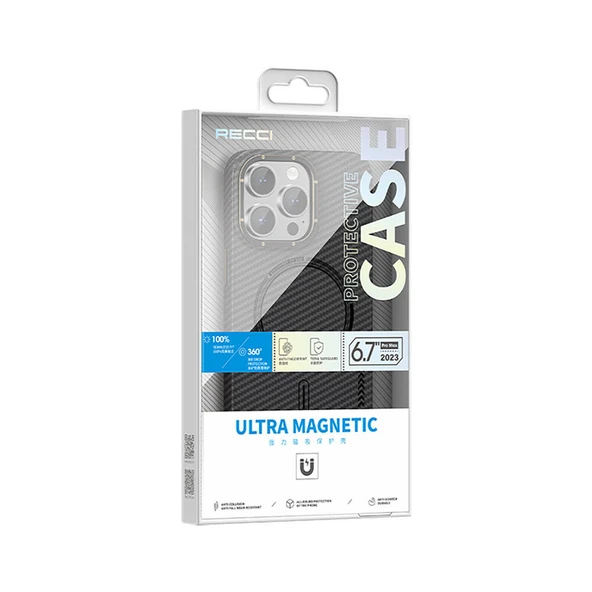 Apple iPhone 15 Kılıf Recci Machinist Serisi M-safe Şarj Özellikli Magnetik Karbon Kapak - 7