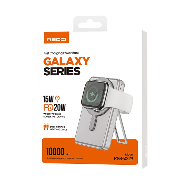 Recci RPB-W23 PD 20W Led Göstergeli Standlı Kablosuz Şarj Özellikli Type-C ve Lightning Kablolu Powerbank 15W 10000mAh - 6