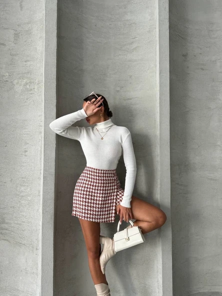 İki düğmeli kaz ayağı desen ch kumaş şort etek bordobeyaz h26414 - Resim 16