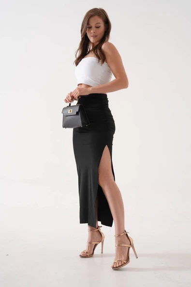 Uzun yırtmaçlı ince kumaş etek siyah - Resim 7