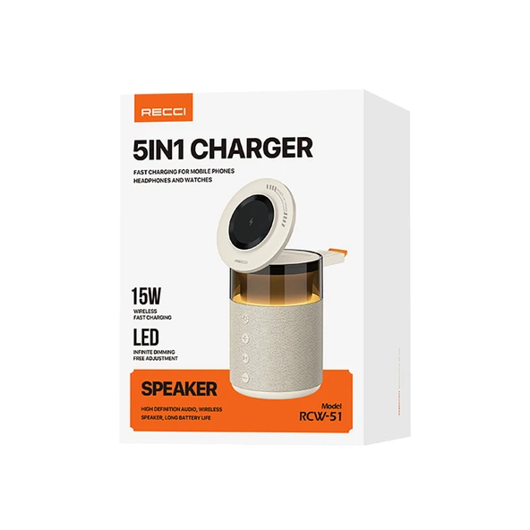 Recci RCW-51 Kablosuz Şarj Standı Ambiyans Işıklı Bluetooth Speaker Hoparlör Özellikli - 9