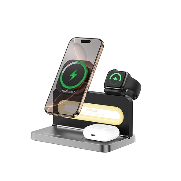 Recci RCW-49 Ambiyans Işıklı Telefon&Akıllı Saat&Kulaklık 15W 4in1 Kablosuz Şarj Standı - 3