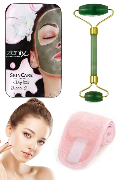 3'lü Set Spor Yoğa Makyaj Havlu Saç Bandı Kırışıklık Gerdirme Masaj Yeşim Taşı