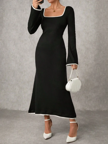 Biyeli uzun elbise siyah - 9