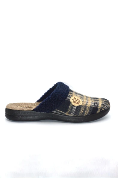 Erkek Lacivert Kare Desenli Kışlık Keçe Ev Terliği