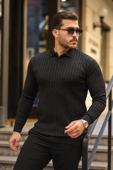 Erkek Saç örgü Desen Uzun Kollu Triko - 3