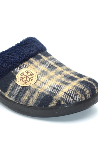 Erkek Lacivert Kare Desenli Kışlık Keçe Ev Terliği - 3