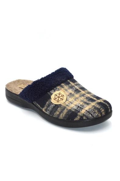 Erkek Lacivert Kare Desenli Kışlık Keçe Ev Terliği - 2