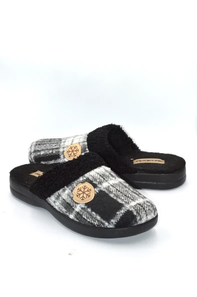 Erkek Siyah Kare Desenli Kışlık Keçe Ev Terliği - 4