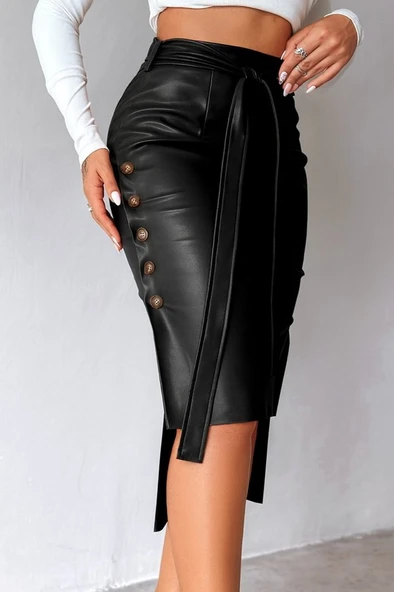 Kadın Yüksek Bel Kuşaklı Yanlardan Düğmeli Mini Deri Etek - Resim 2