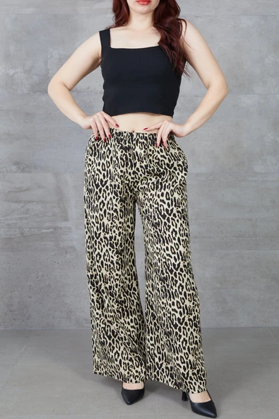 Kadın Leopar Desenli Rahat Kalıp Bol Paça Salaş Pantolon ürün görseli