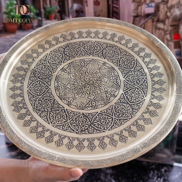 DMT Gaziantep Sarı Bakır 35 cm Osmanlı El İşi Sunum Gold tepsi Kına tepsisi 35 cm - Resim 2