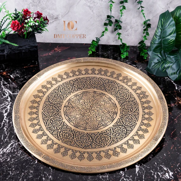 DMT Gaziantep Sarı Bakır 35 cm Osmanlı El İşi Sunum Gold tepsi Kına tepsisi 35 cm ürün görseli