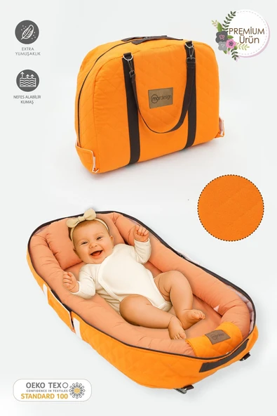 Bebek Yatağı, Bebek Yuvası, Babynest, 0-24 Ay Kullanım, Baş Yastıklı Kanvas Kılıf Deluxe Adorn Serisi Turuncu