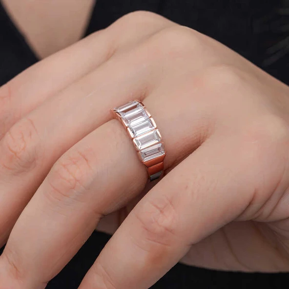 Gümüş Rose Baget  Beyaz Taşlı Kadın Yüzük - Resim 5