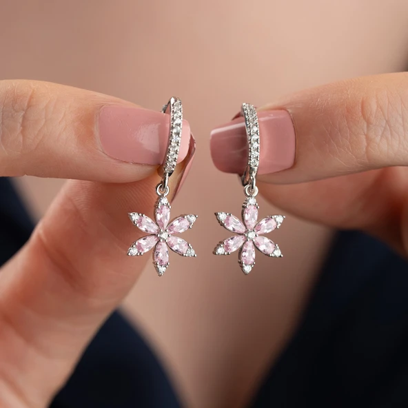 925 Ayar Gümüş Pembe Taşlı Çiçek Küpe - Resim 5