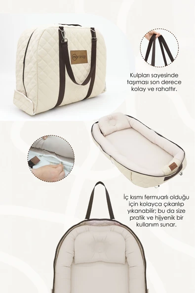 Bebek Yatağı, Bebek Yuvası, Babynest, 0-24 Ay Kullanım, Baş Yastıklı Kanvas Kılıf Deluxe Adorn Serisi, Bej - 2