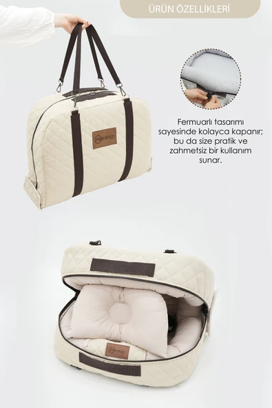 Bebek Yatağı, Bebek Yuvası, Babynest, 0-24 Ay Kullanım, Baş Yastıklı Kanvas Kılıf Deluxe Adorn Serisi, Bej - 3