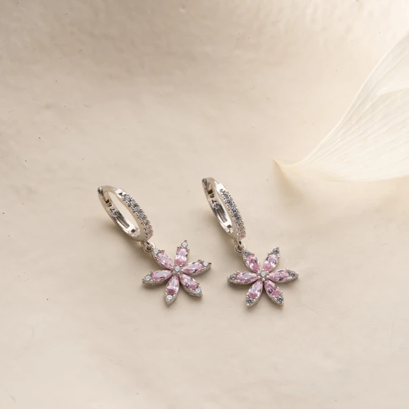 925 Ayar Gümüş Pembe Taşlı Çiçek Küpe - Resim 2