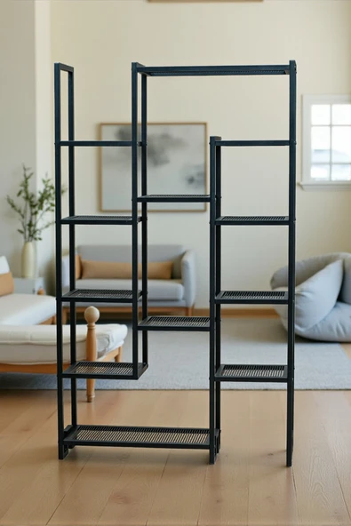 DEKORATİF SİYAH METAL KİTAPLIK 12 RAFLI ÜNİTE ÇOK AMAÇLI STAND SALON VE ÇALIŞMA ODASI DÜZENLEYİCİ - 8