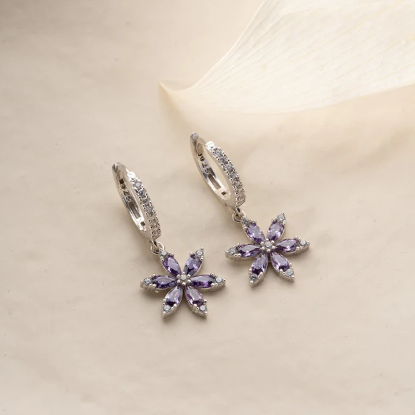 925 Ayar Gümüş Mor Taşlı Çiçek Küpe - 4