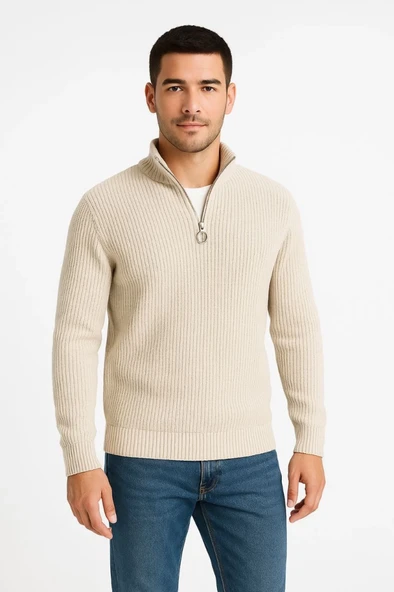 Erkek Yarım Fermuarlı Triko Kazak – Selanik Örgü, Dik Yaka, Pamuklu Dokuma, Regular Fit Uzun Kollu Kışlık Model - Bej - 3