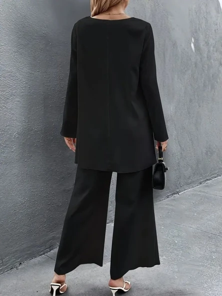 Kadın Uzun Kollu Asimetrik Detaylı Salaş Sandy Bluz Ve Pantolon Ikili Takım - Resim 2