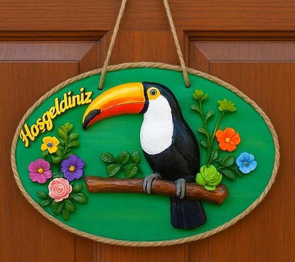 El Yapımı Tukan Figürlü Hoş Geldiniz Kapı Süsü – Renkli Tropikal Duvar ve Kapı Dekoru - Resim 2