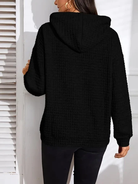 Kadın Uzun Kollu Kapşonlu Bağcıklı Cepli Capitone Sweatshirt - 3