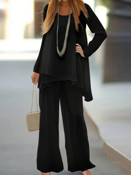 Kadın Uzun Kollu Asimetrik Detaylı Salaş Sandy Bluz Ve Pantolon Ikili Takım - Resim 5