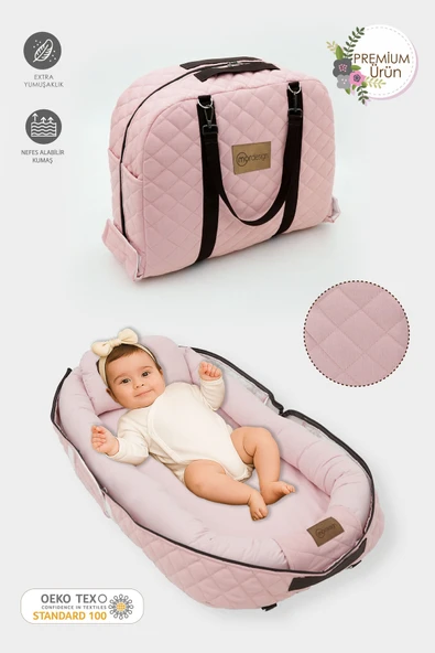 Bebek Yatağı, Bebek Yuvası, Babynest, 0-24 Ay Kullanım, Baş Yastıklı Kanvas Kılıf Deluxe Adorn Serisi, Pembe
