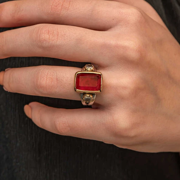 Gümüş Kırmızı Zirkon Taşlı Otantik Kadın Yüzük - 2