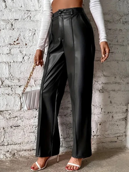 Kadın önden Fermuarlı Cepli Geniş Kesim Lame Deri Pantolon - Resim 3