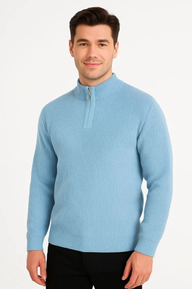 Erkek Yarım Fermuarlı Triko Kazak – Selanik Örgü, Dik Yaka, Pamuklu Dokuma, Regular Fit Uzun Kollu Kışlık Model - Bebe Mavisi - 3