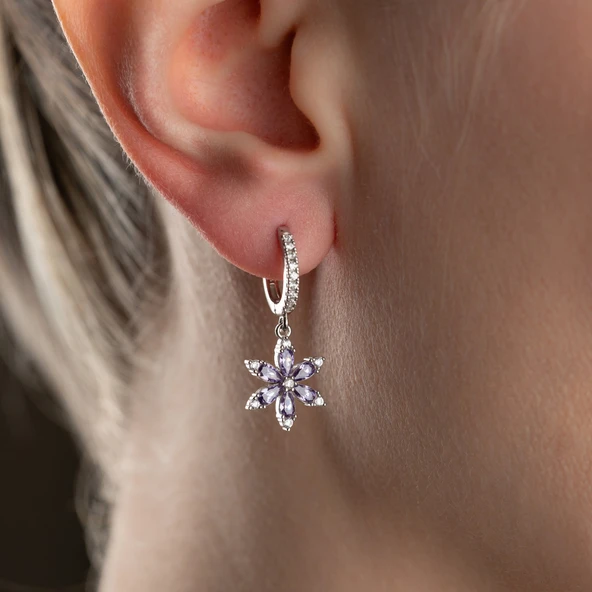 925 Ayar Gümüş Mor Taşlı Çiçek Küpe - 5