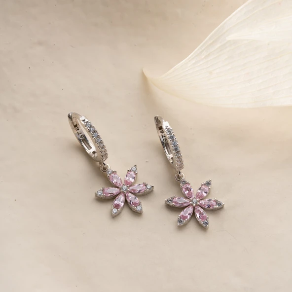 925 Ayar Gümüş Pembe Taşlı Çiçek Küpe - Resim 6