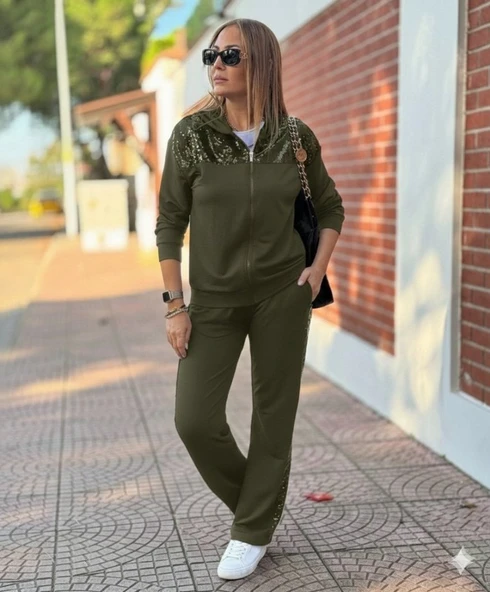 Kadın Uzun Kollu önden Fermuarlı Pul Payetli Alt üst Viskon Iki Iplik Takım - Resim 2