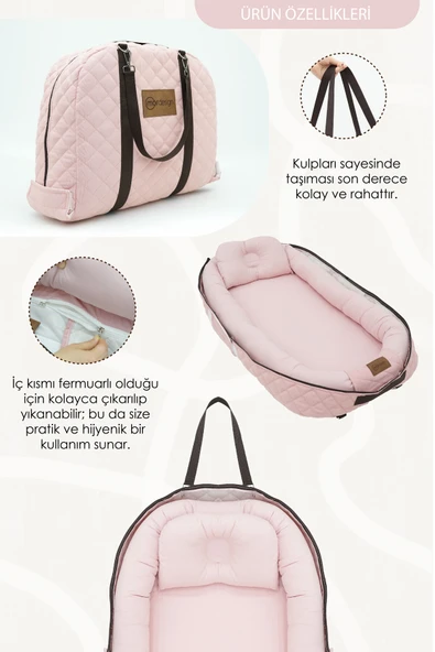 Bebek Yatağı, Bebek Yuvası, Babynest, 0-24 Ay Kullanım, Baş Yastıklı Kanvas Kılıf Deluxe Adorn Serisi, Pembe - 3