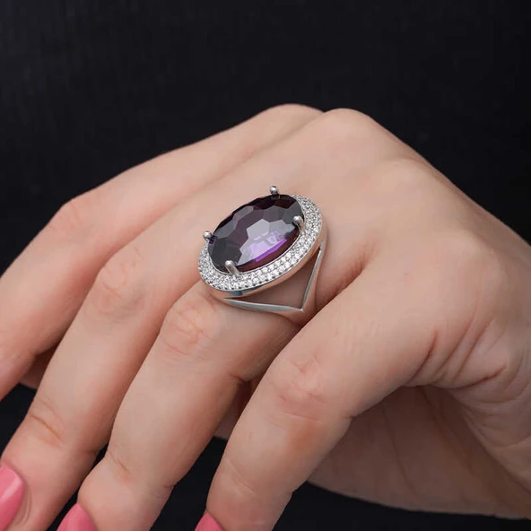 Gümüş Ametist Taşlı  Kadın Yüzük - Resim 5