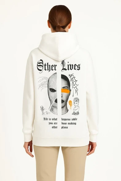 Oversize Üç İplik Şardonlu Kapüşonlu Sweatshirt – Beyaz “Other Lives” Ön Ve Arka Baskılı, Kanguru Cepli, Ribanalı Rahat Kışlık Model Beyaz - Resim 3